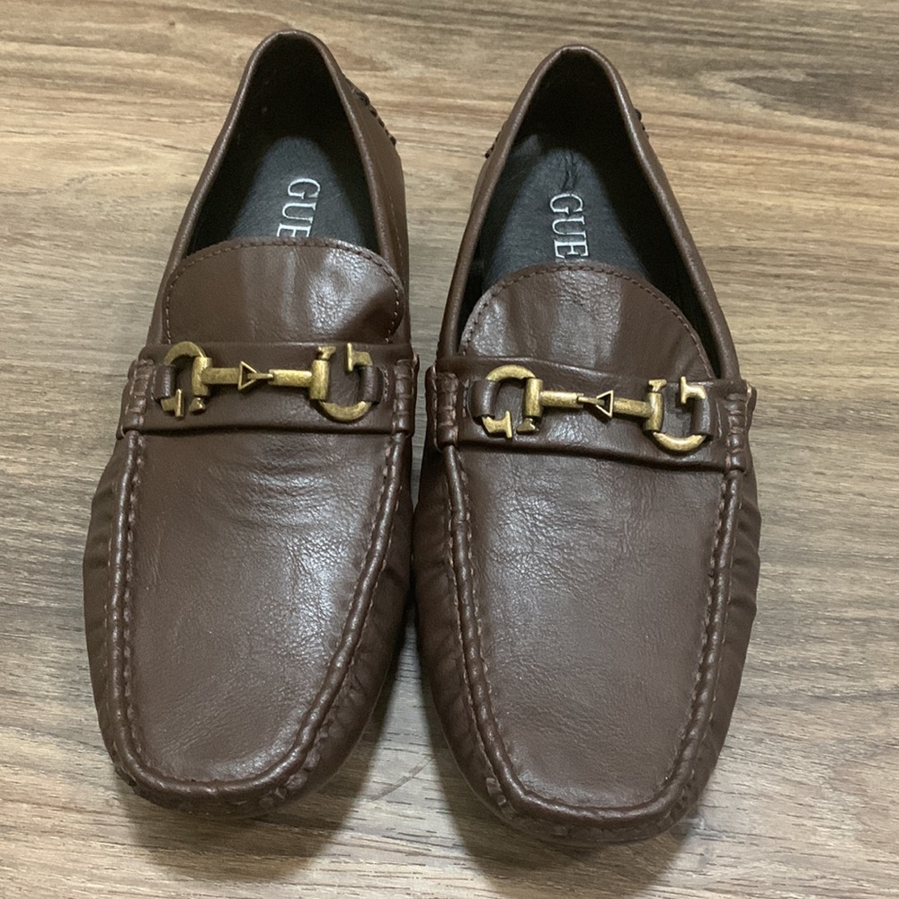 Guess Dark Brown Leather Slip-Ons with Gold Detail